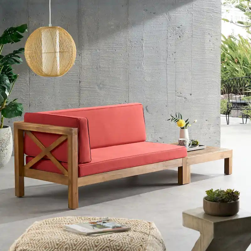 Ensemble canapé deux places et table basse d'extérieur Brava en bois d'acacia avec accoudoir gauche et coussin, par Christopher Knight Home