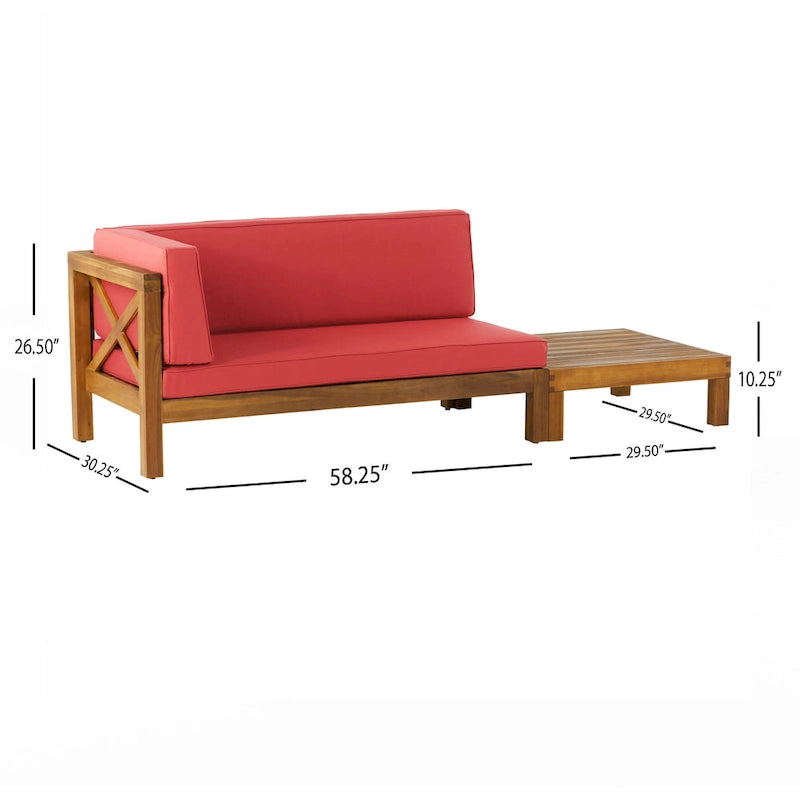 Ensemble canapé deux places et table basse d'extérieur Brava en bois d'acacia avec accoudoir gauche et coussin, par Christopher Knight Home
