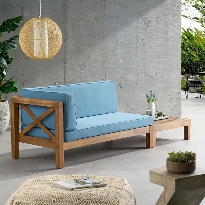 Ensemble canapé deux places et table basse d'extérieur Brava en bois d'acacia avec accoudoir gauche et coussin, par Christopher Knight Home