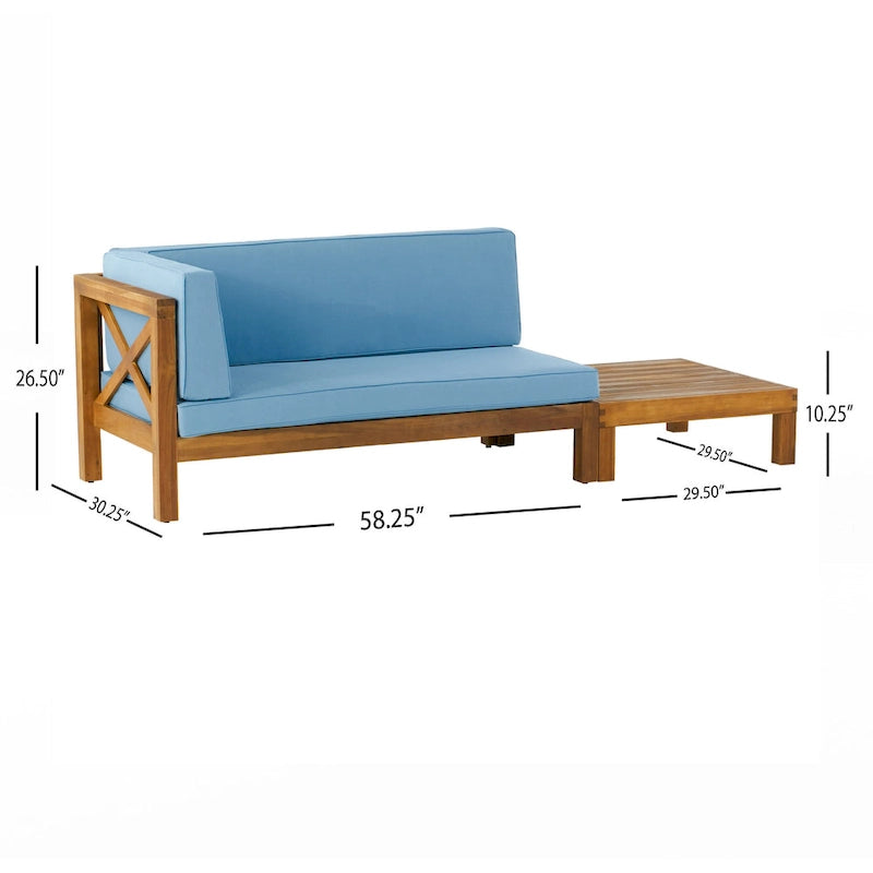 Ensemble canapé deux places et table basse d'extérieur Brava en bois d'acacia avec accoudoir gauche et coussin, par Christopher Knight Home
