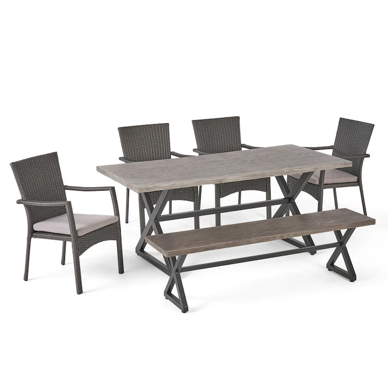 Ensemble de salle à manger d'extérieur rectangulaire 6 pièces en résine tressée aluminium Tritan avec coussins, par Christopher Knight Home