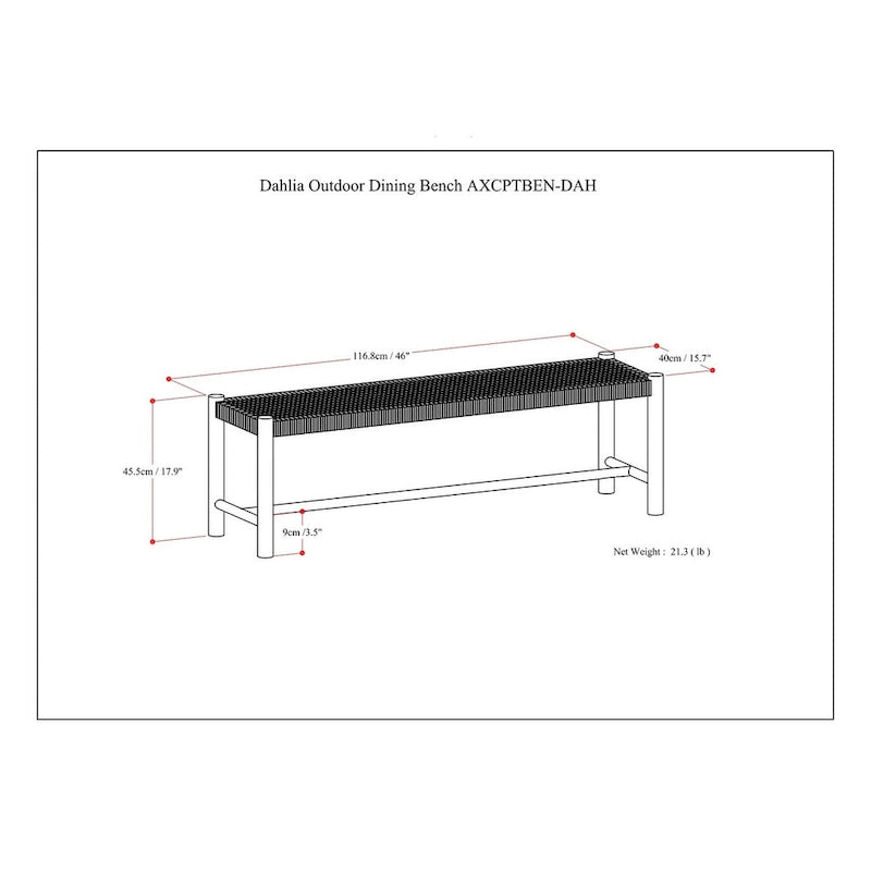 Banc contemporain d'extérieur/intérieur WYNDENHALL Soraya 45,7 cm x 116,8 cm (18 po x 46 po) - Profondeur : 40 cm (15,7 po) ; largeur : 116,8 cm (46 po) ; hauteur : 45,5 cm (17,9 po)