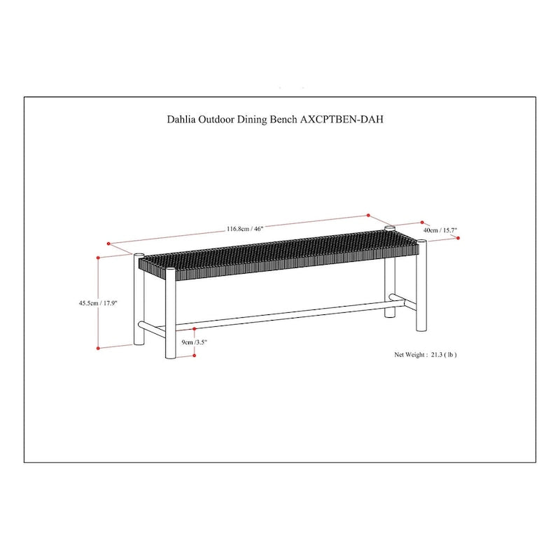 Banc contemporain d'extérieur/intérieur WYNDENHALL Soraya 45,7 cm x 116,8 cm (18 po x 46 po) - Profondeur : 40 cm (15,7 po) ; largeur : 116,8 cm (46 po) ; hauteur : 45,5 cm (17,9 po)
