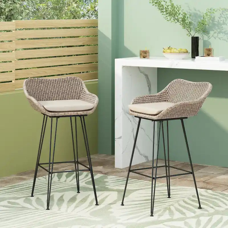Tabourets de bar d'extérieur Kevin en osier et fer (lot de 2) par Christopher Knight Home