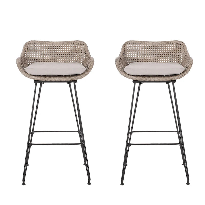Tabourets de bar d'extérieur Kevin en osier et fer (lot de 2) par Christopher Knight Home
