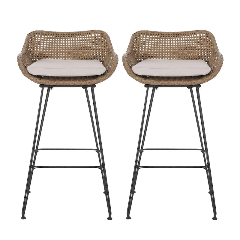 Tabourets de bar d'extérieur Kevin en osier et fer (lot de 2) par Christopher Knight Home