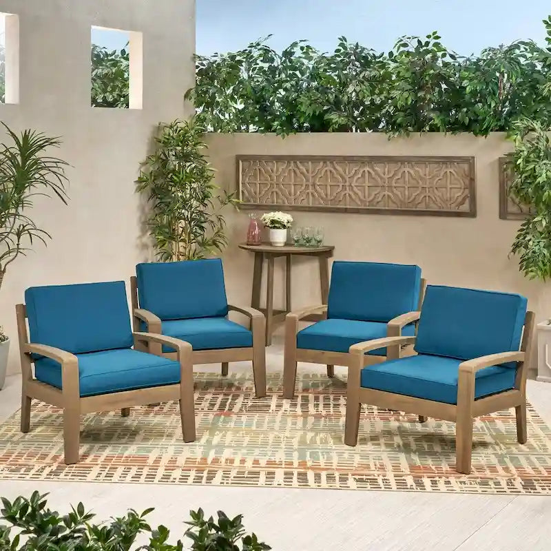 Fauteuils club d'extérieur Grenada en bois d'acacia avec coussins (ensemble de 4) par Christopher Knight Home - 31,00 cm L x 29,00 cm P x 27,25 cm H
