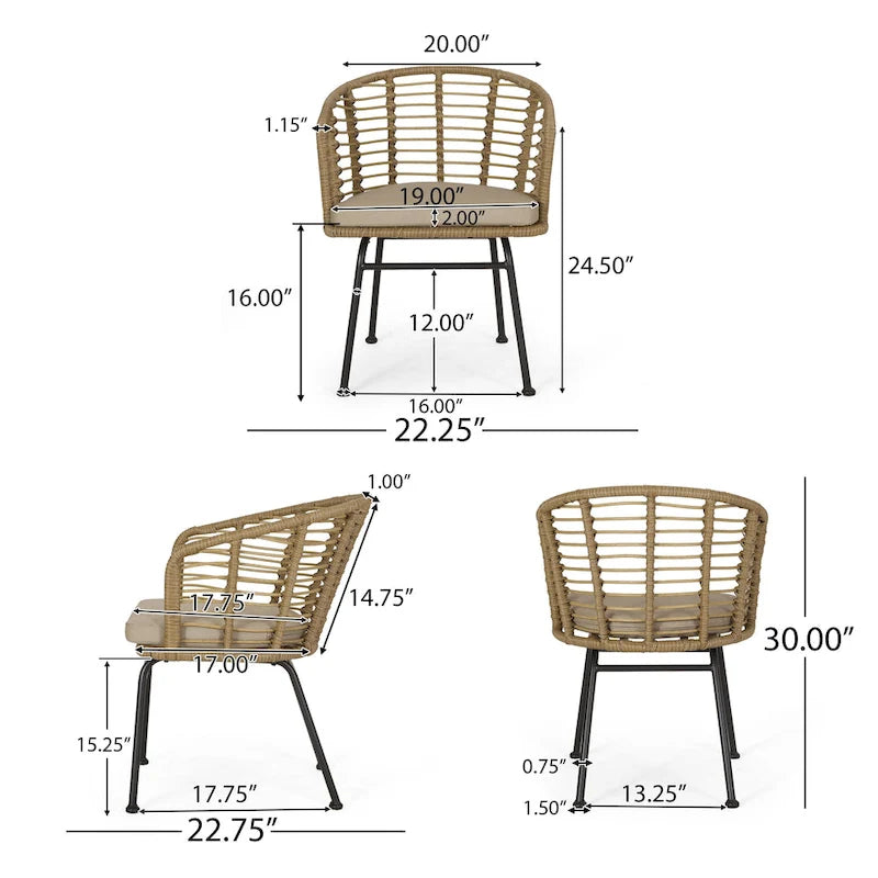 Fauteuils d'extérieur en osier Randy avec coussins résistants à l'eau (lot de 2) par Christopher Knight Home - 56,5 cm L x 57,8 cm l x 76,2 cm H