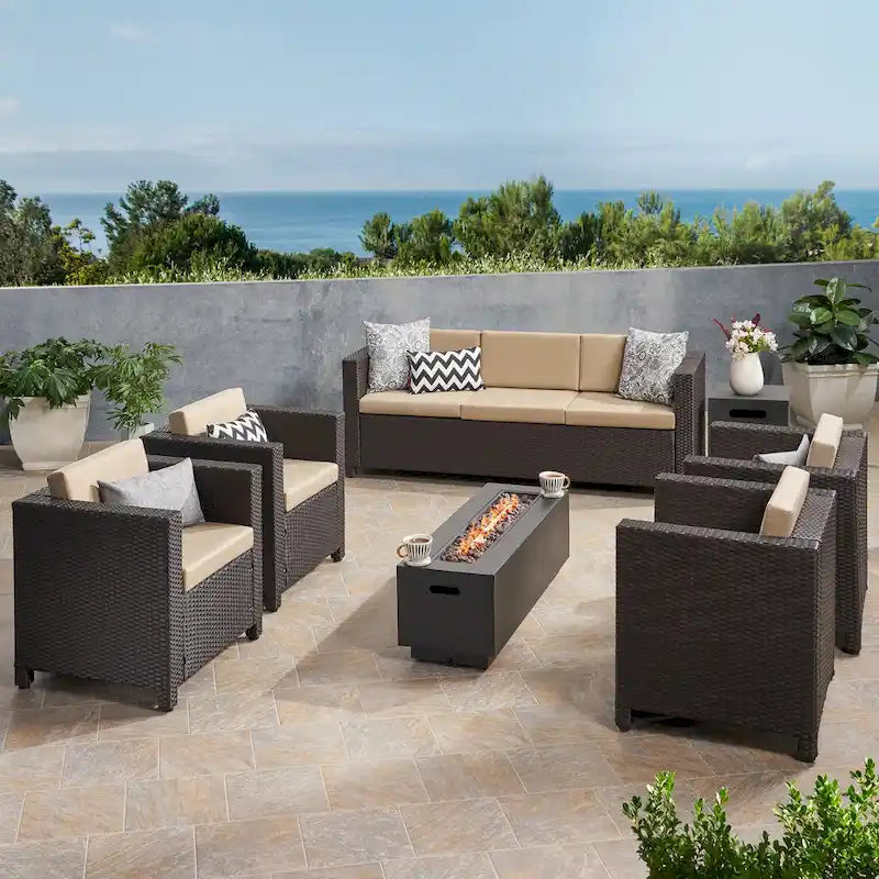 Hegseth Wicker/Iron 7-piece Chat Set with Fire Pit by Christopher Knight Home