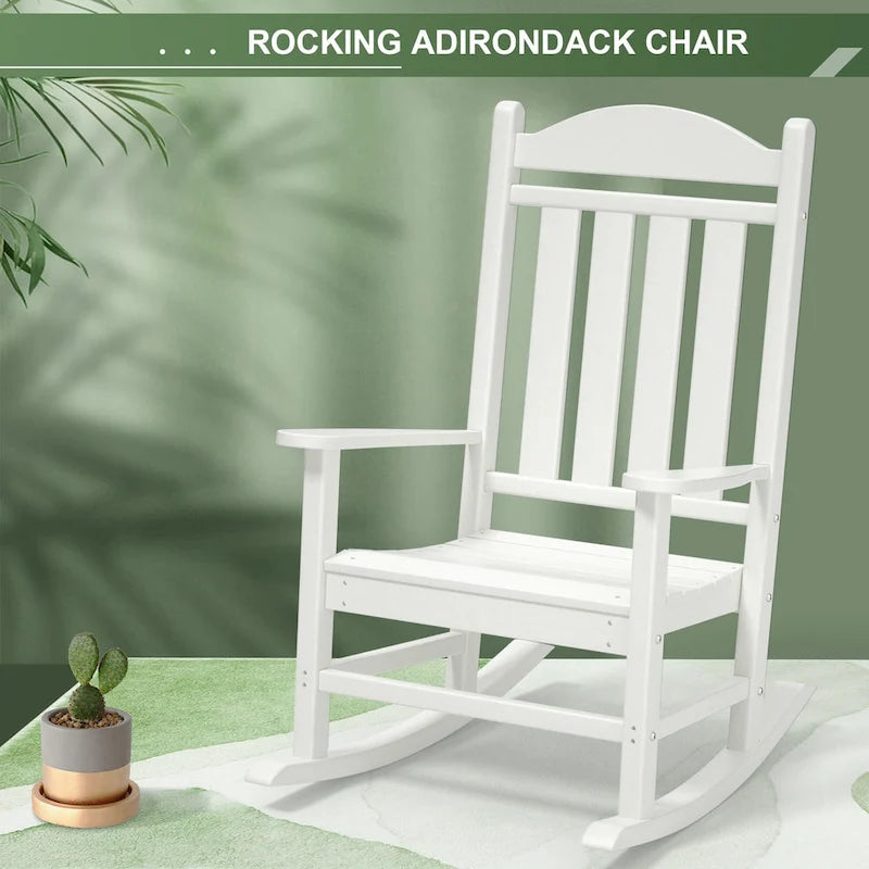 Fauteuil à bascule d'extérieur en plastique HDPE blanc avec dossier haut