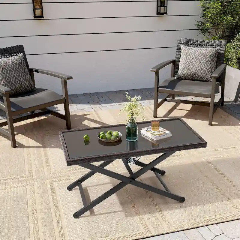 Outdoor Coffee Table Side Table Fits with Conversation Set, PE Rattan & Glass Tabletop, Adjustable Height