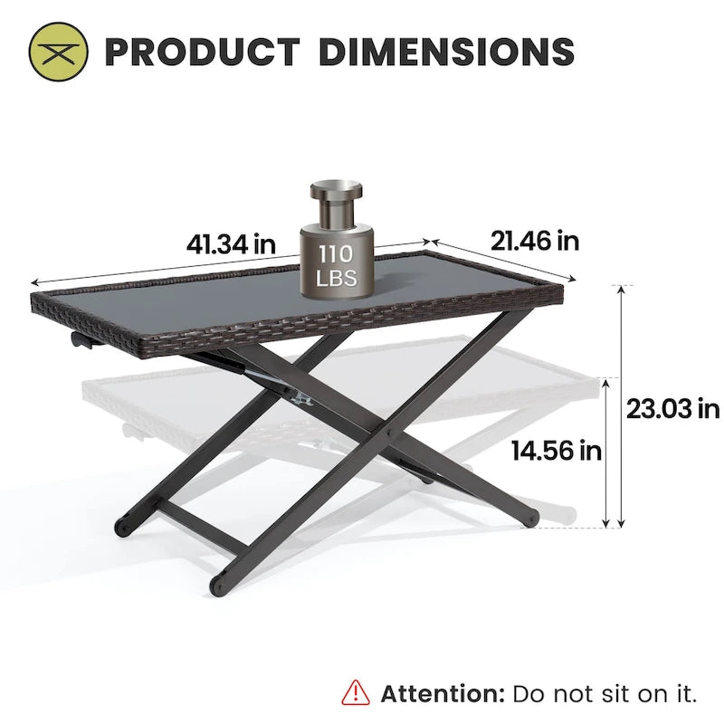 Table basse d'extérieur assortie à un ensemble de conversation, en rotin PE et plateau en verre, hauteur réglable