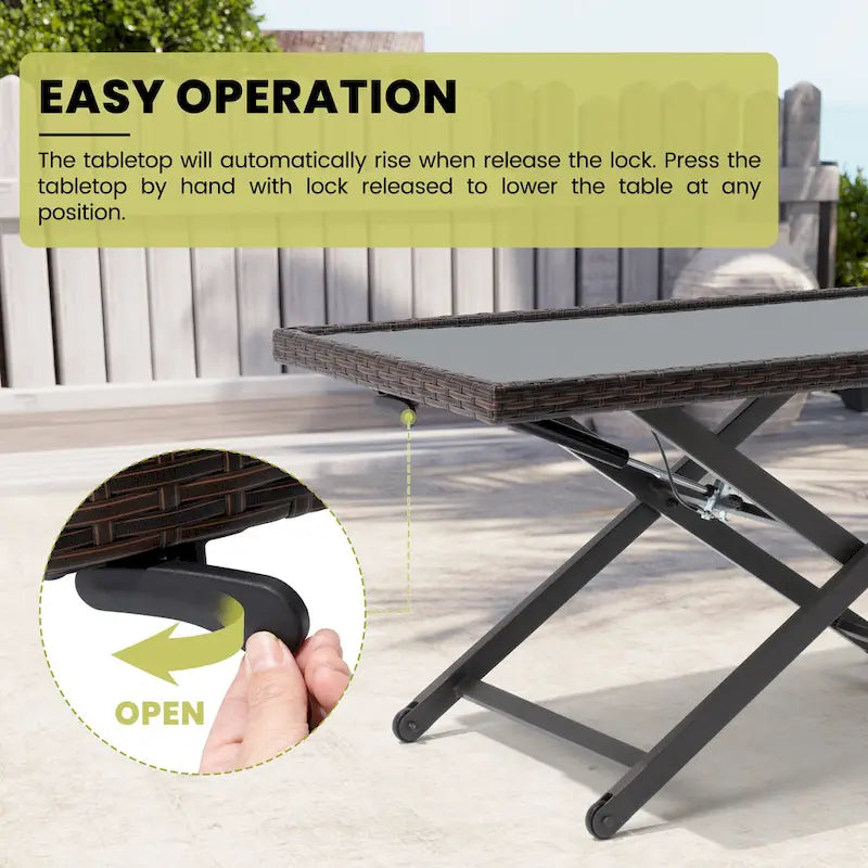 Table basse d'extérieur assortie à un ensemble de conversation, en rotin PE et plateau en verre, hauteur réglable