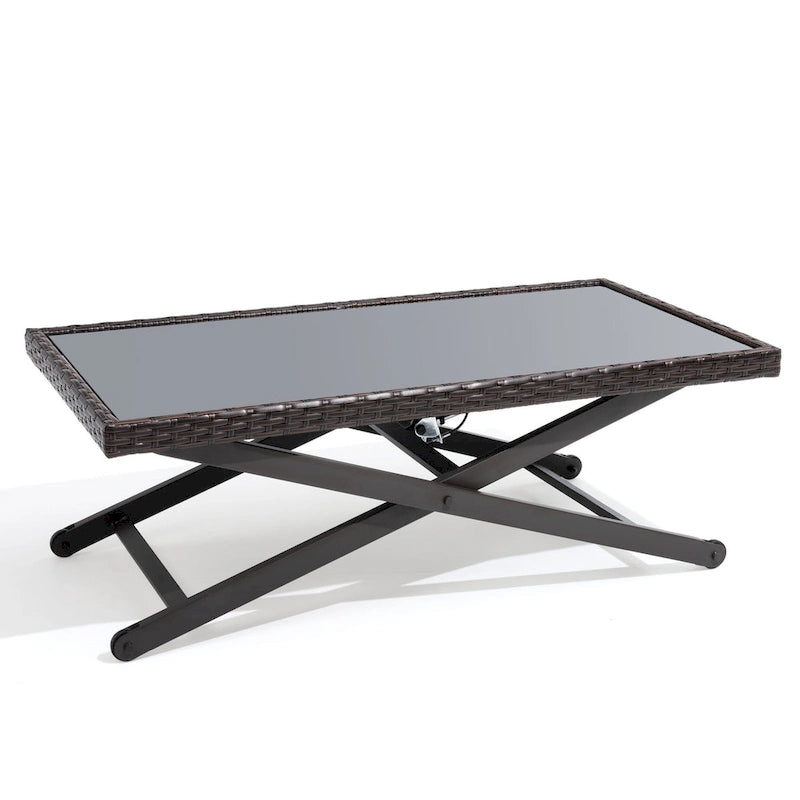 Table basse d'extérieur assortie à un ensemble de conversation, en rotin PE et plateau en verre, hauteur réglable