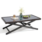 Table basse d'extérieur assortie à un ensemble de conversation, en rotin PE et plateau en verre, hauteur réglable