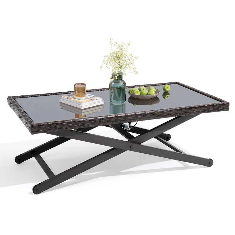 Table basse d'extérieur assortie à un ensemble de conversation, en rotin PE et plateau en verre, hauteur réglable