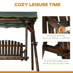 Fauteuil suspendu de patio Outsunny pour 2 personnes, banc de porche suspendu en bois avec auvent réglable