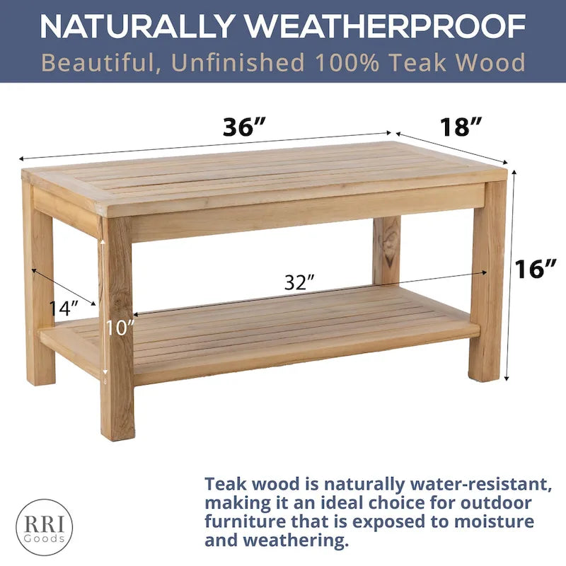 Table basse rectangulaire en bois de teck naturel RRI Goods avec rangement intégré, idéale pour balcon, pelouse ou jardin.