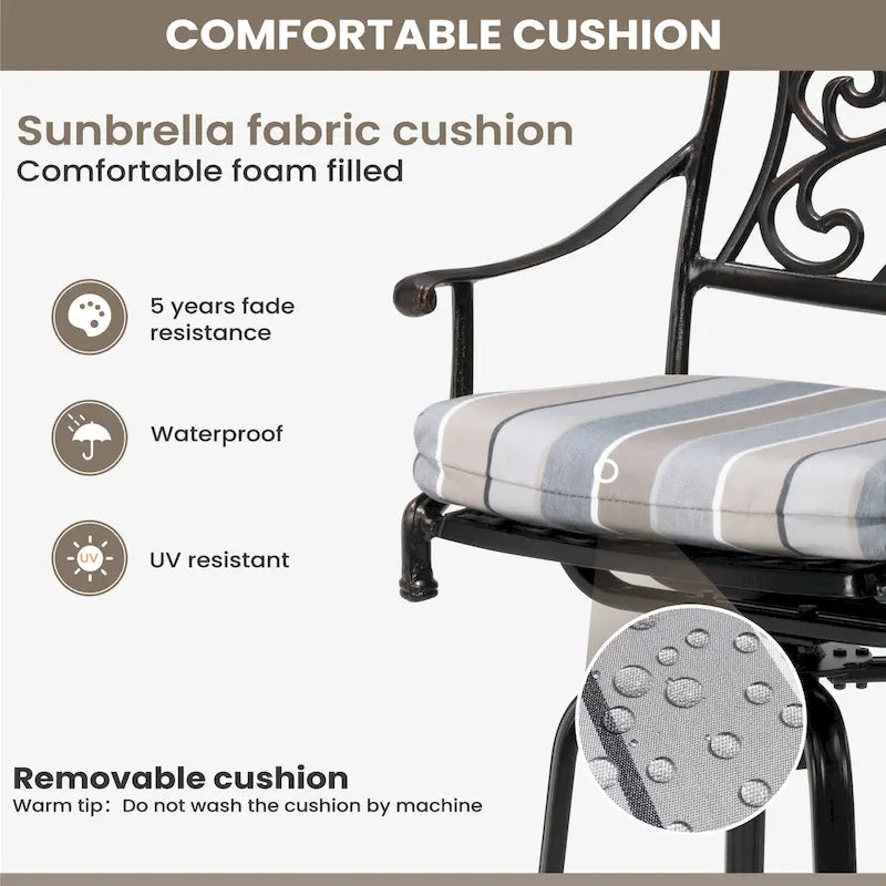 Tabouret de bar pivotant en aluminium Pellabant Patio avec coussin Sunbrella