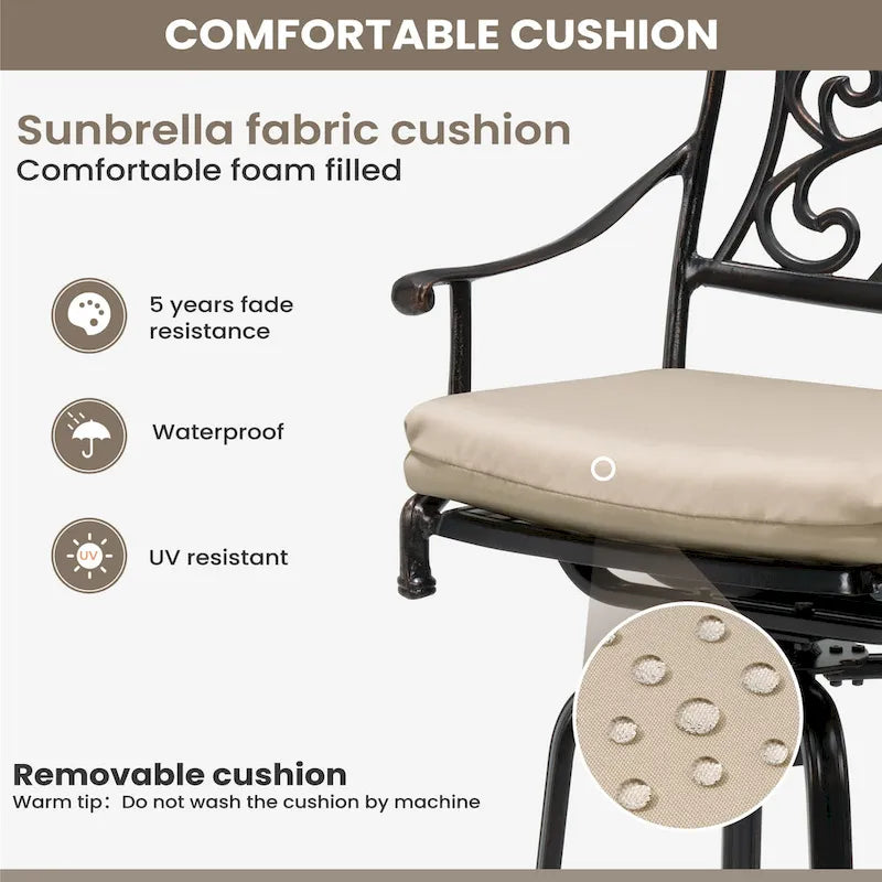 Tabouret de bar pivotant en aluminium Pellabant Patio avec coussin Sunbrella