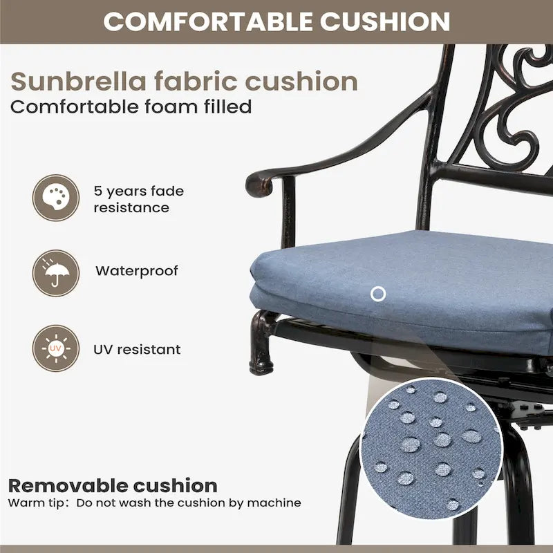 Tabouret de bar pivotant en aluminium Pellabant Patio avec coussin Sunbrella