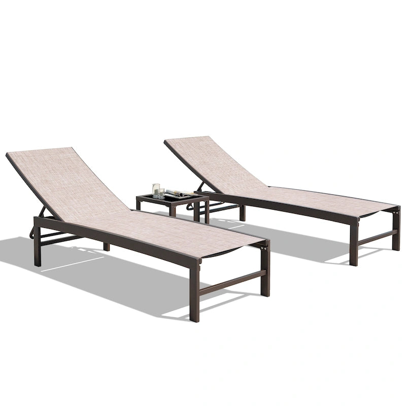 Ensemble de 3 pièces comprenant des chaises longues réglables en aluminium et une table d'appoint pour terrasse.