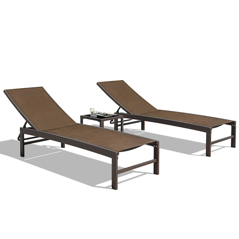 Ensemble de 3 pièces comprenant des chaises longues réglables en aluminium et une table d'appoint pour terrasse.