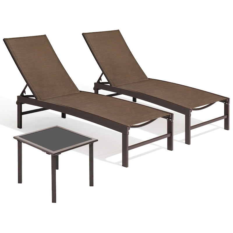 Ensemble de 3 pièces comprenant des chaises longues réglables en aluminium et une table d'appoint pour terrasse.
