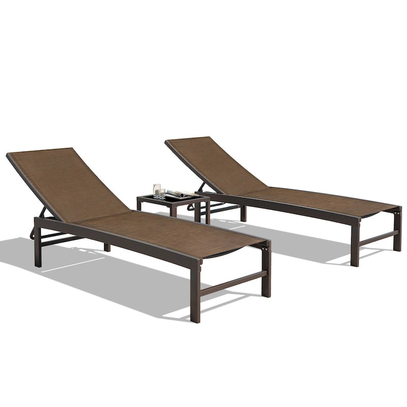 Ensemble de 3 pièces comprenant des chaises longues réglables en aluminium et une table d'appoint pour terrasse.