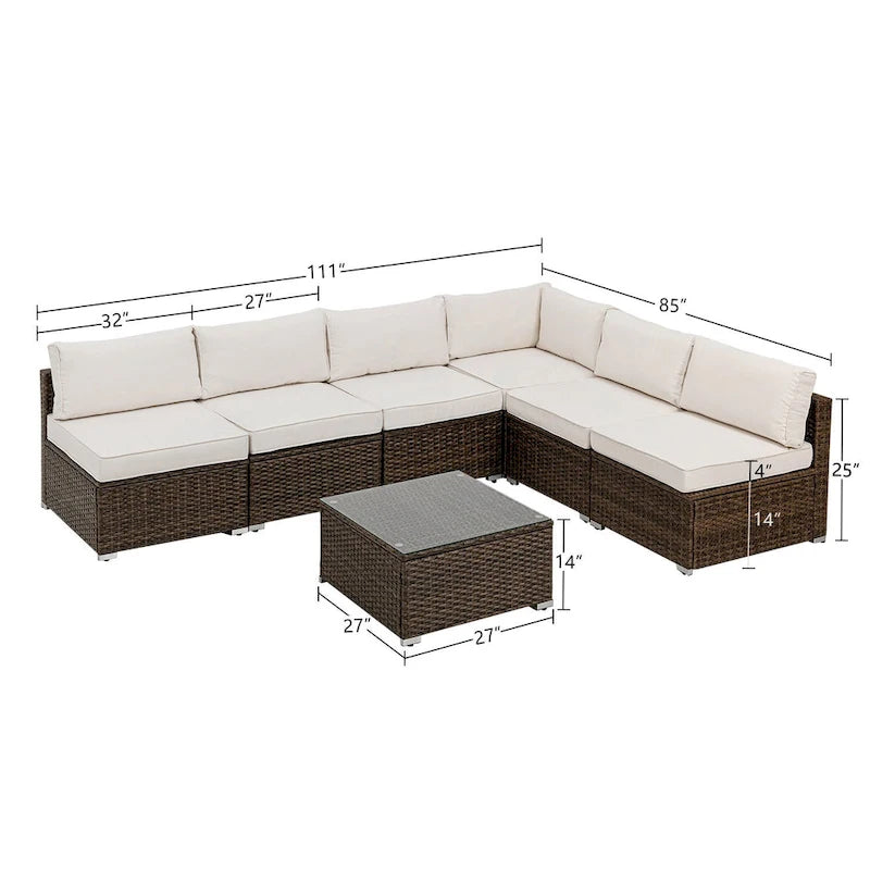 Ensemble de mobilier d'extérieur 7 pièces le plus confortable, canapé d'angle en osier