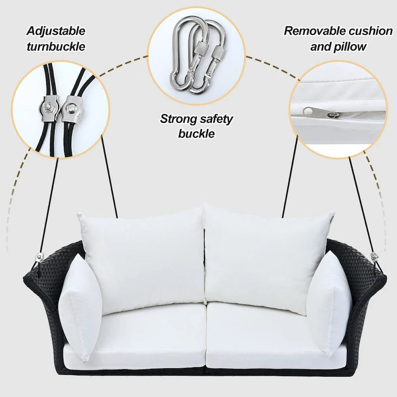 Fauteuil suspendu d'extérieur en osier pour 2 personnes avec coussin gris