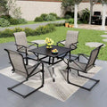 Ensemble de salle à manger d'extérieur 5 pièces, comprenant 1 table à structure en acier avec trou pour parasol et 4 chaises de jardin à ressorts en C