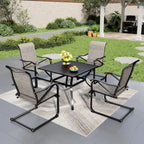 Ensemble de salle à manger d'extérieur 5 pièces, comprenant 1 table à structure en acier avec trou pour parasol et 4 chaises de jardin à ressorts en C