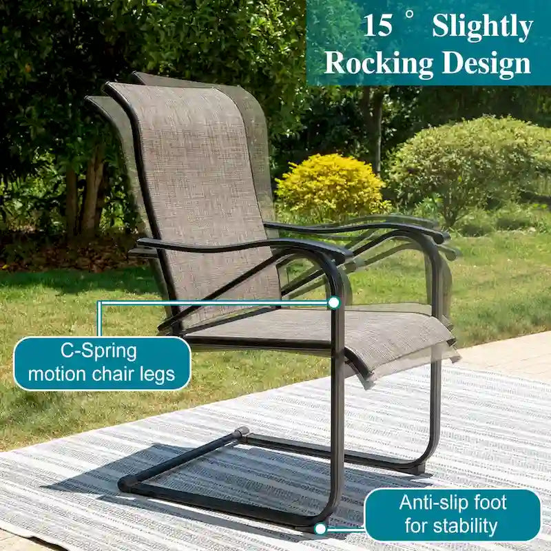 Ensemble de salle à manger d'extérieur 5 pièces, comprenant 1 table à structure en acier avec trou pour parasol et 4 chaises de jardin à ressorts en C