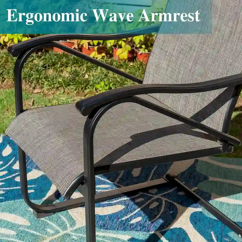 Ensemble de salle à manger d'extérieur 5 pièces, comprenant 1 table à structure en acier avec trou pour parasol et 4 chaises de jardin à ressorts en C