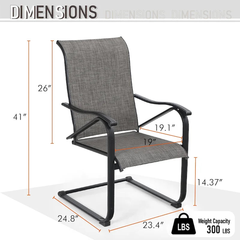 Ensemble de salle à manger d'extérieur 5 pièces, comprenant 1 table à structure en acier avec trou pour parasol et 4 chaises de jardin à ressorts en C