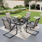 Ensemble de salle à manger d'extérieur 5 pièces, comprenant 1 table à structure en acier avec trou pour parasol et 4 chaises de jardin à ressorts en C