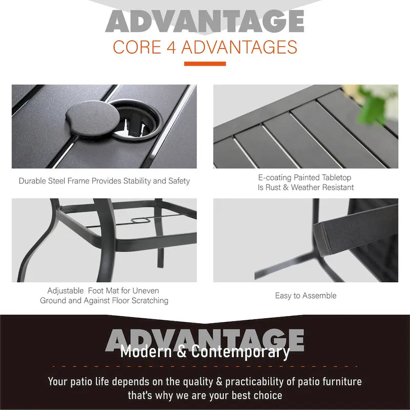 Ensemble de salle à manger d'extérieur 5 pièces, comprenant 1 table à structure en acier avec trou pour parasol et 4 chaises de jardin à ressorts en C