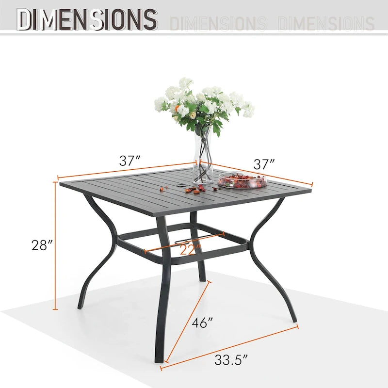 Ensemble de salle à manger d'extérieur 5 pièces, comprenant 1 table à structure en acier avec trou pour parasol et 4 chaises de jardin à ressorts en C