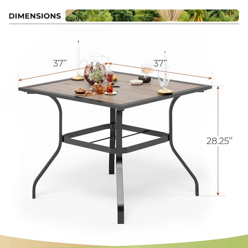 Ensemble de salle à manger d'extérieur 5 pièces, comprenant 1 table à structure en acier avec trou pour parasol et 4 chaises de jardin à ressorts en C