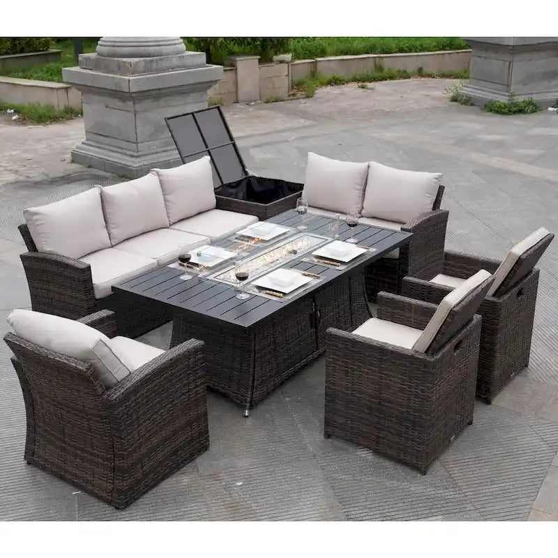 Ensemble canapé de patio en rotin avec table et chaises de salle à manger en aluminium