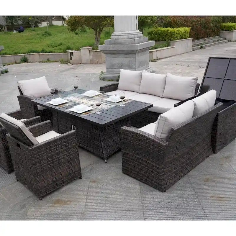 Ensemble canapé de patio en rotin avec table et chaises de salle à manger en aluminium