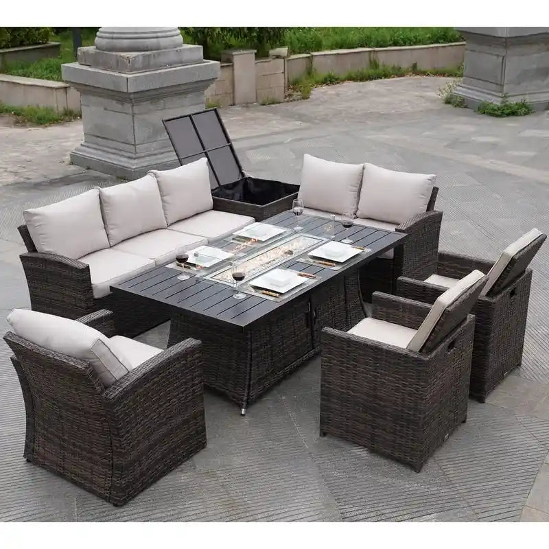 Ensemble canapé de patio en rotin avec table et chaises de salle à manger en aluminium