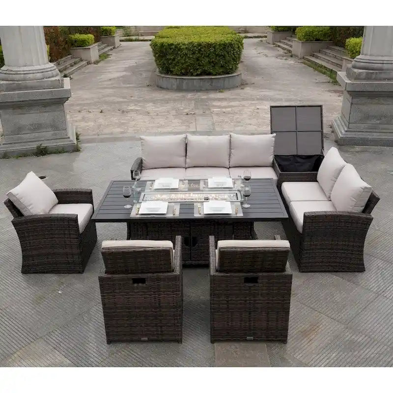 Ensemble canapé de patio en rotin avec table et chaises de salle à manger en aluminium