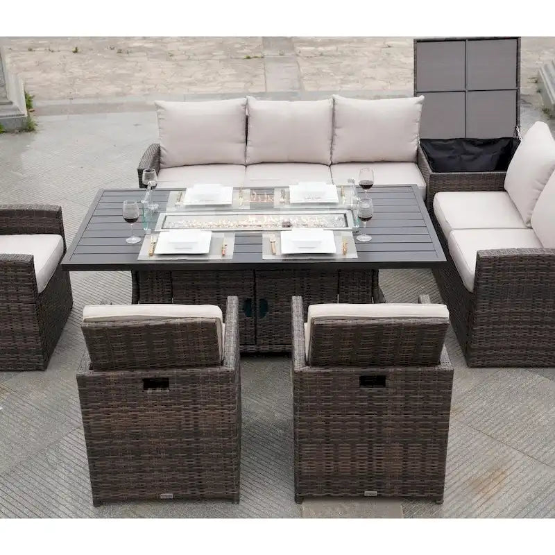 Ensemble canapé de patio en rotin avec table et chaises de salle à manger en aluminium