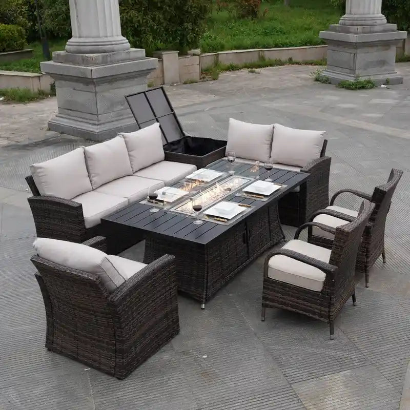 Ensemble canapé de patio en rotin avec table et chaises de salle à manger en aluminium
