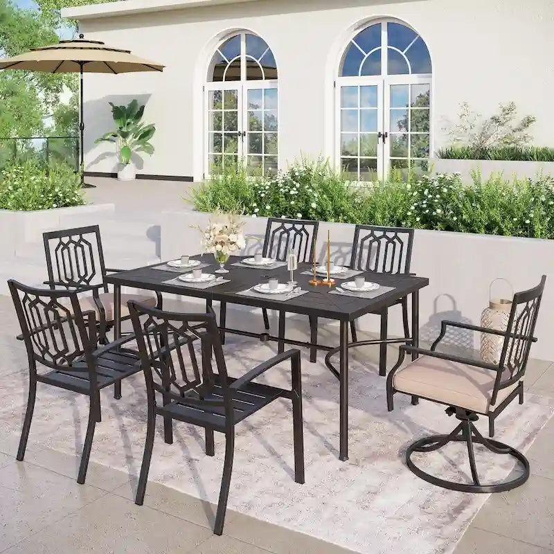 Ensemble de salle à manger d'extérieur MAISON ARTS 7 pièces, comprenant 6 chaises de salle à manger en acier et une table en métal avec trou pour parasol.