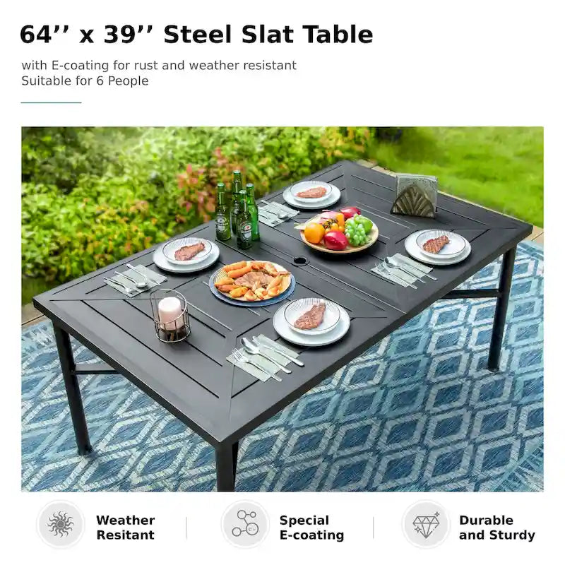 Ensemble de salle à manger d'extérieur MAISON ARTS 7 pièces, comprenant 6 chaises de salle à manger en acier et une table en métal avec trou pour parasol.