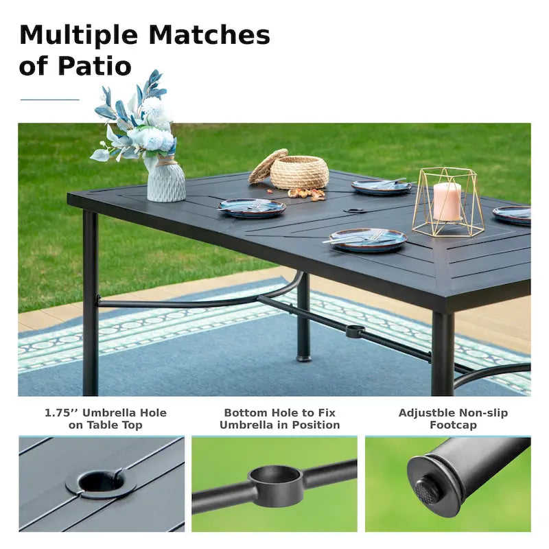 Ensemble de salle à manger d'extérieur MAISON ARTS 7 pièces, comprenant 6 chaises de salle à manger en acier et une table en métal avec trou pour parasol.