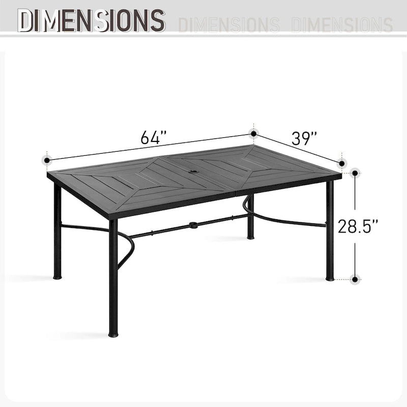 Ensemble de salle à manger d'extérieur MAISON ARTS 7 pièces, comprenant 6 chaises de salle à manger en acier et une table en métal avec trou pour parasol.